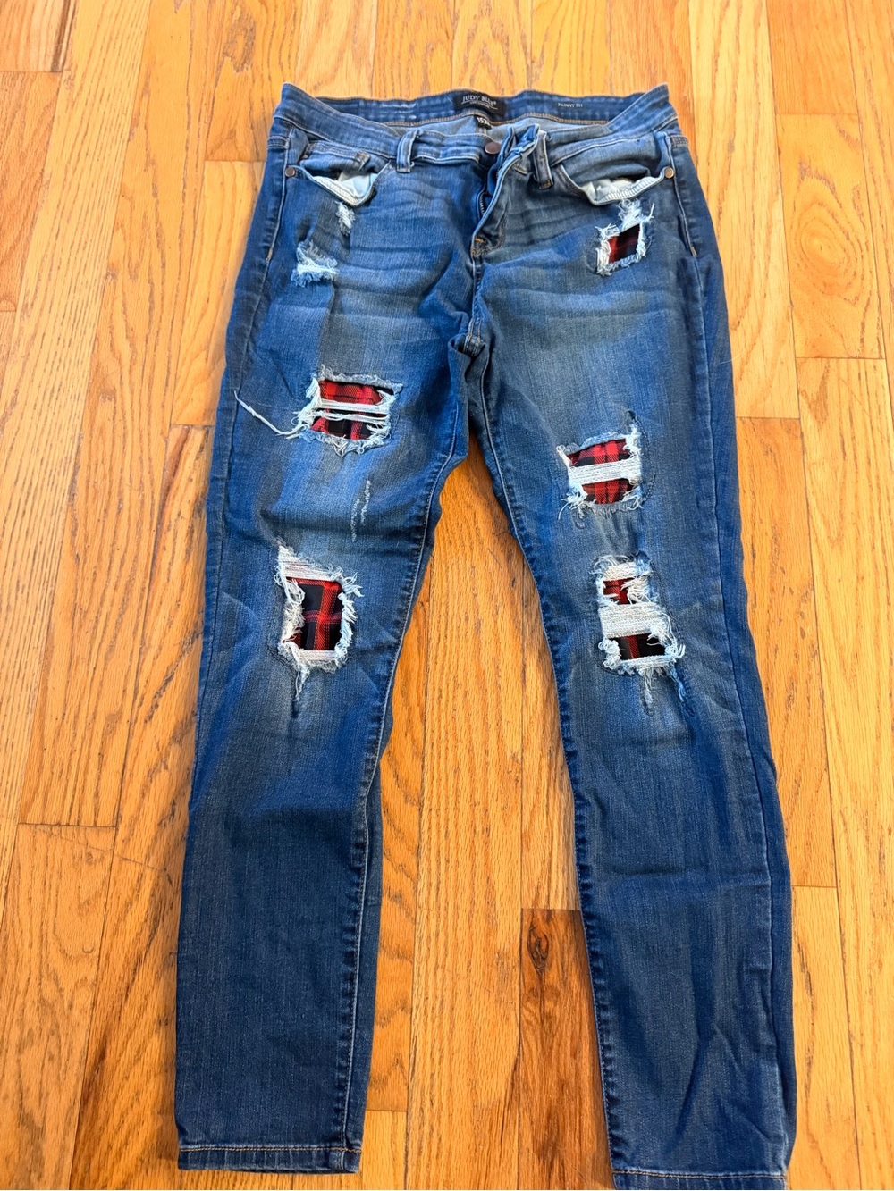 Judy Blue Skinny Distressed Blue Jeans with Red Plaid Patch